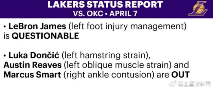湖人排名跌至西部第四迎战雷霆 缺兵少将形势严